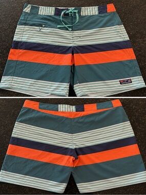 Patagonia Teal, Orange & Navy Striped Board Shorts